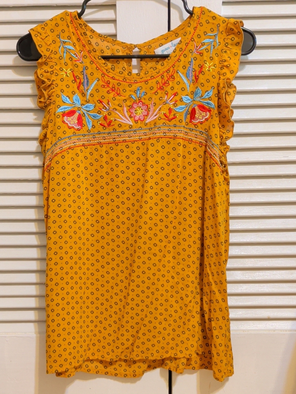 Grace & Lace Mustard Yellow Embroidered Ruffle Sleeve Dress